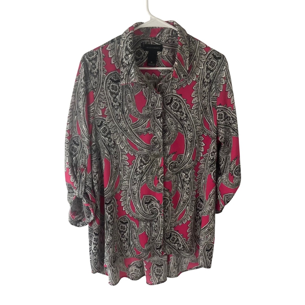Investments Womens XL Pink Black Paisley Roll Tab Sleeve Button Down Blouse Top